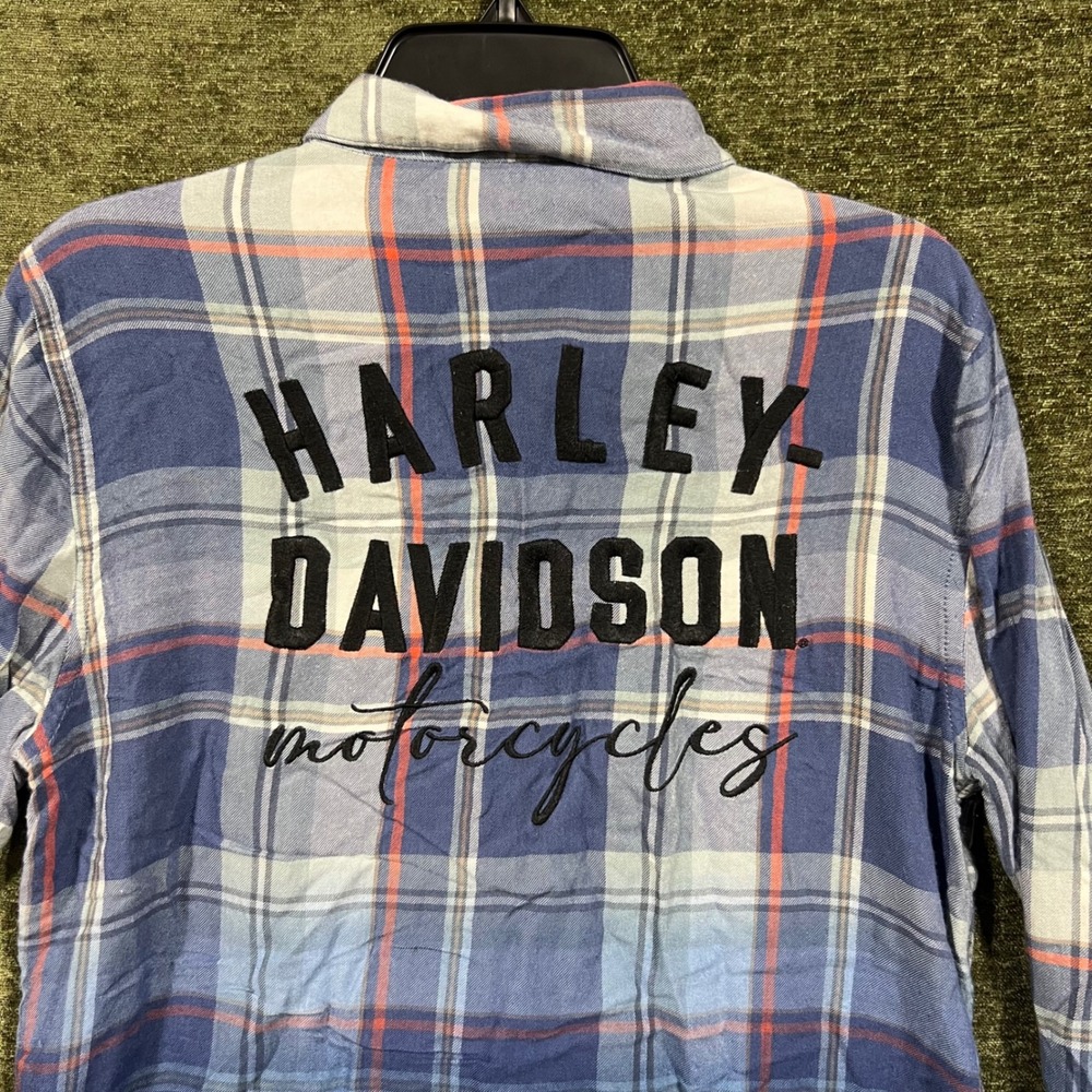 Harley Davidson Plaid Shirt Womens Medium Blue Orange Viscose Embroidered Logo